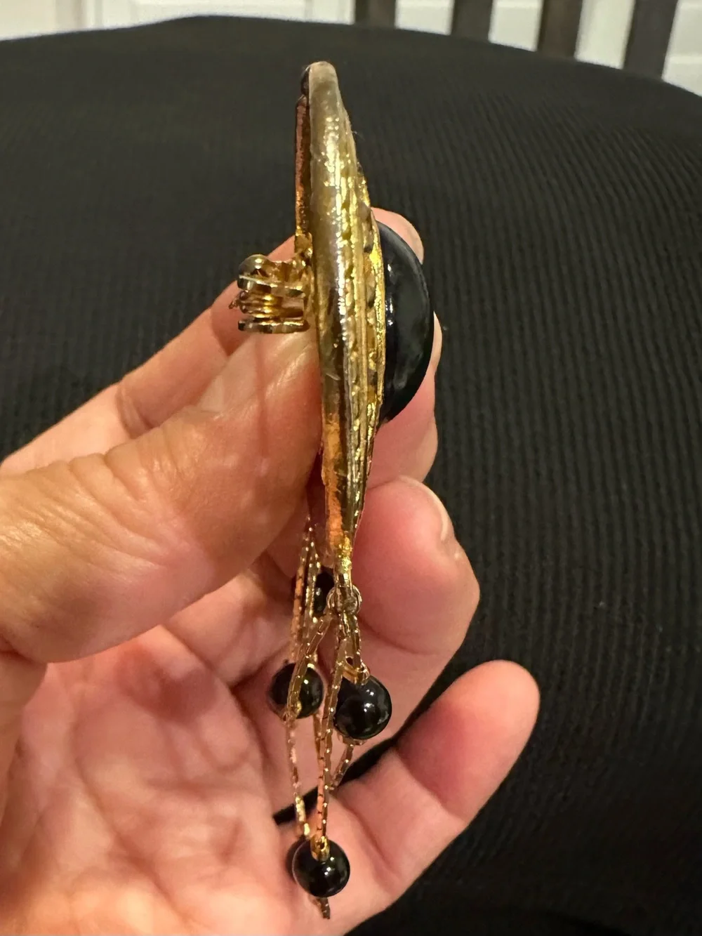 Vintage 1970s Victorian Revival Gold Tone Swag Brooch with Black Bead Dangles